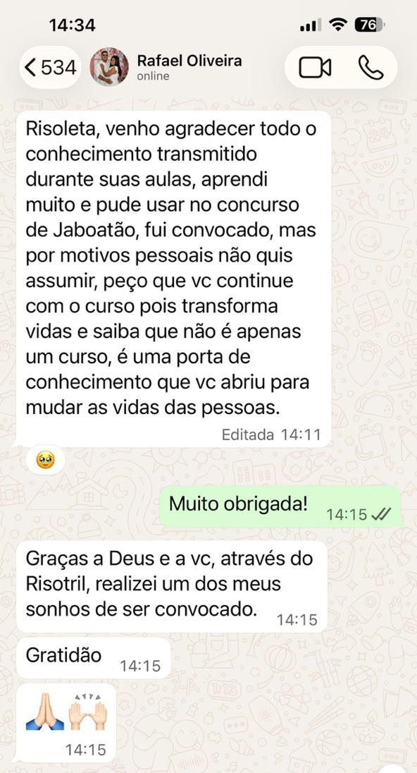 Print de depoimento de aluno(a) via WhatsApp